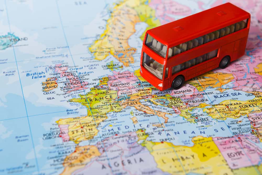 red double-decker bus on the map